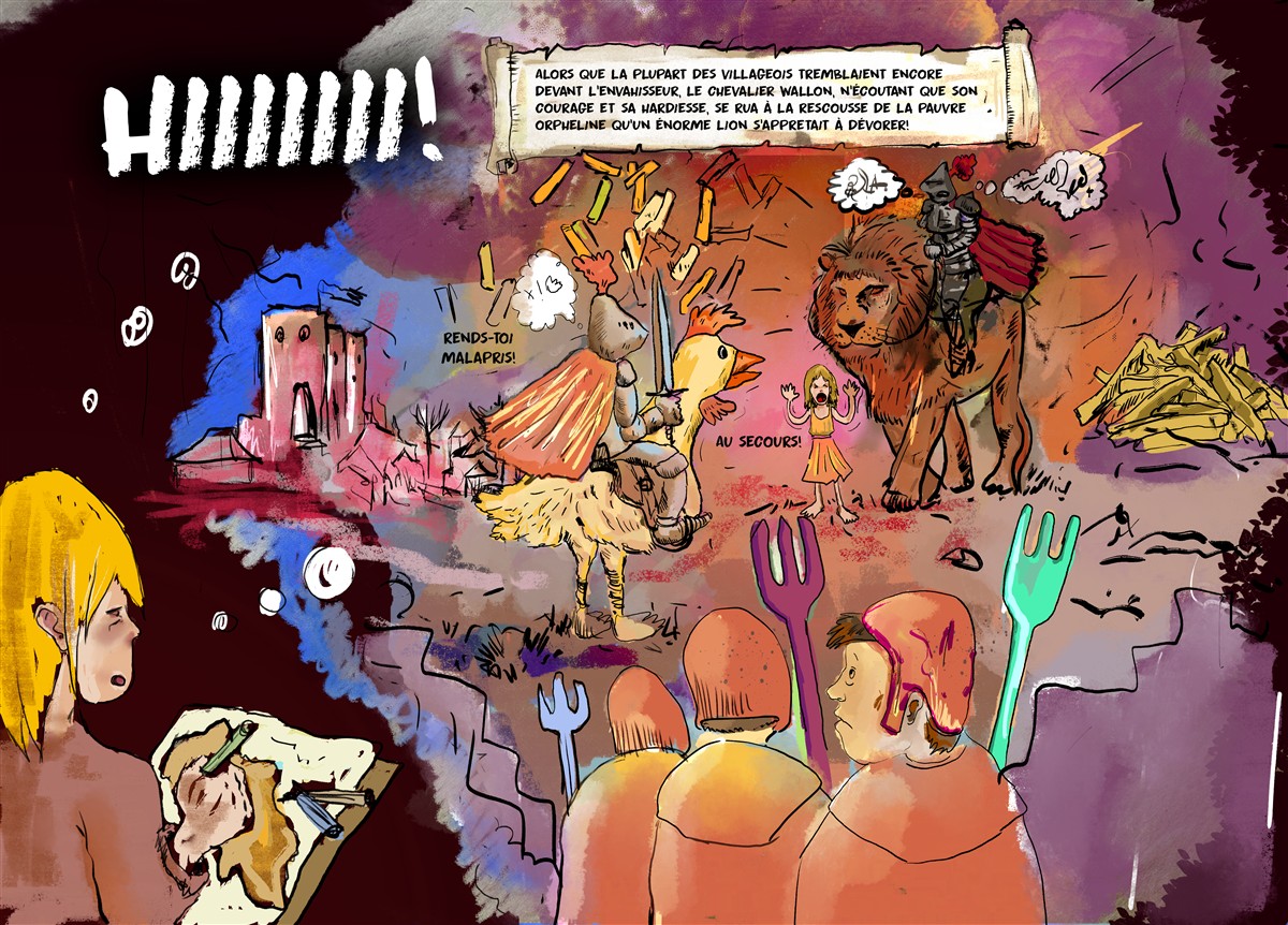 Illustration narrative avec chevalier, lion et château