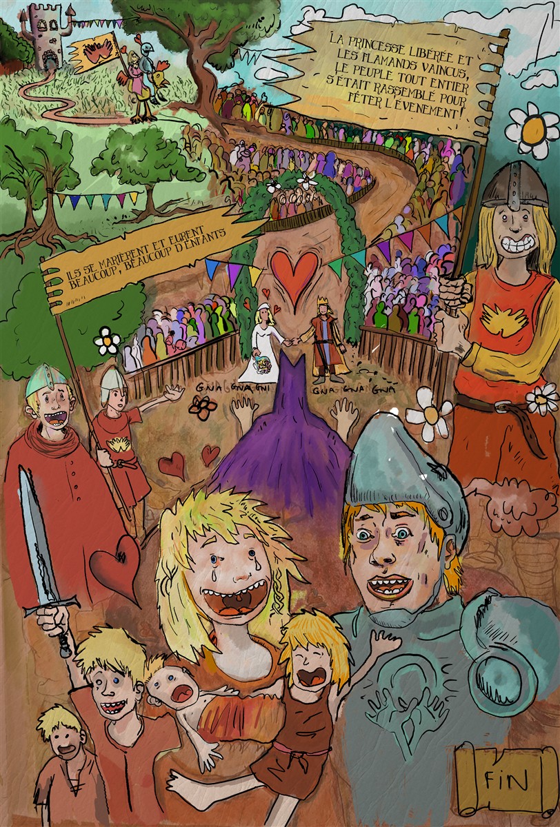 Illustration narrative autour d'une cérémonie et de personnages médiévaux